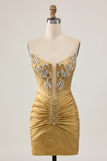 Golden Strapless Beaded Short Bodycon Homecoming Dress